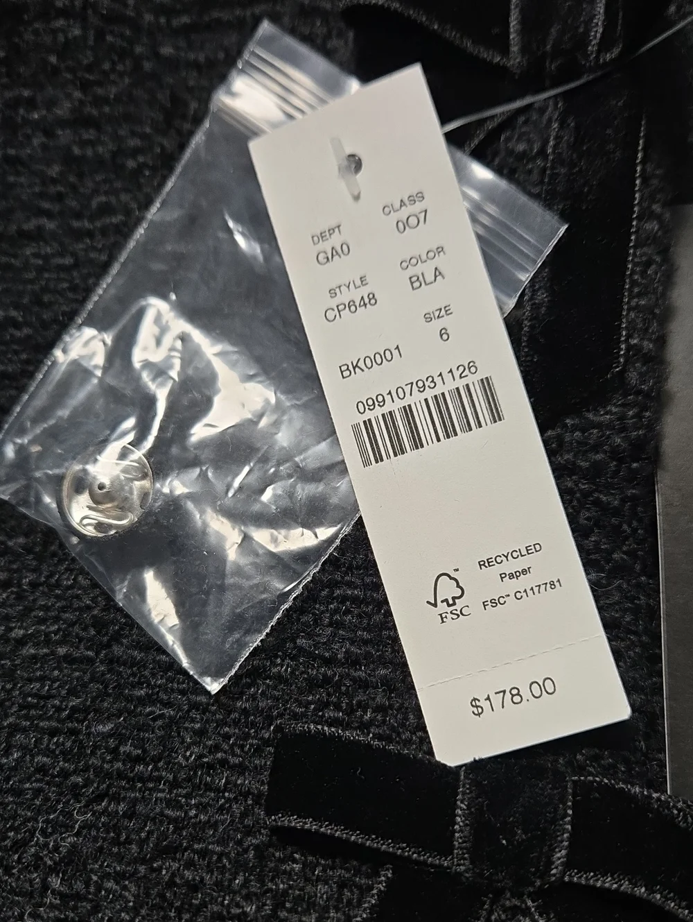NWT J. Crew Ora Tessuti Fabric Black Tweed Crewneck Vest With Velvet Bows Size 6